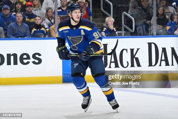 Vladimir Tarasenko of the St. Louis Blues in action against the Toronto Maple Leafs at the Enterprise Center on December 27, 2022 in St. Louis,...