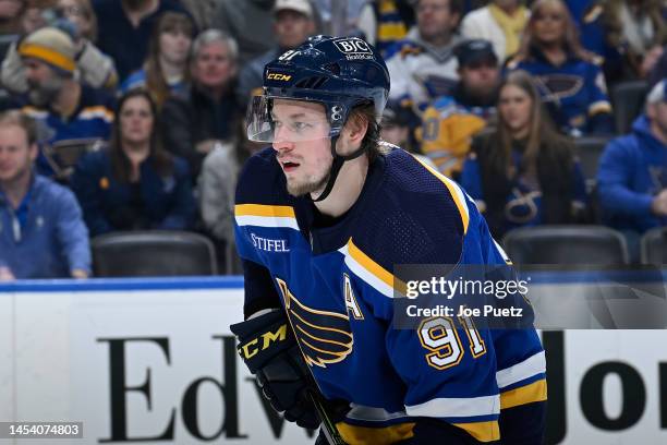 Vladimir Tarasenko of the St. Louis Blues looks on during a game against the Toronto Maple Leafs at the Enterprise Center on December 27, 2022 in St....