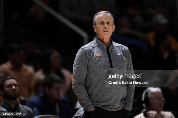 Head coach Rick Barnes of the Tennessee Volunteers stands on the court during the game against the Mississippi State Bulldogs in the first half at...