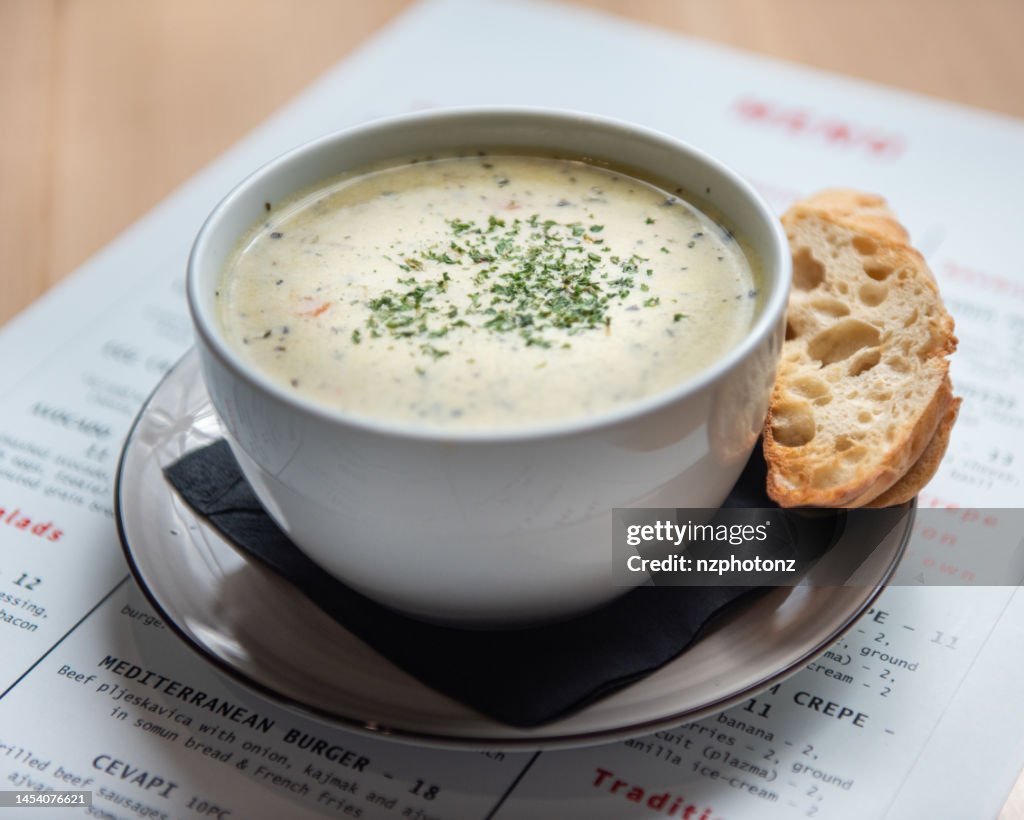 Cream Soup Served with toasted bread, Food Photography, close-up (Click for more)