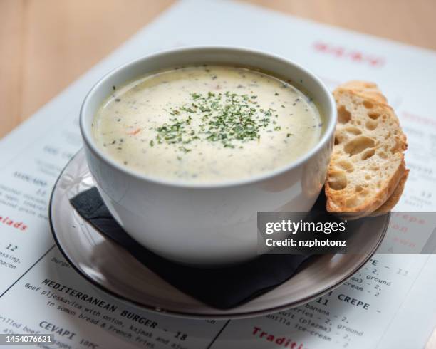 cream soup served with toasted bread, food photography, close-up (click for more) - soup bowl stock pictures, royalty-free photos & images