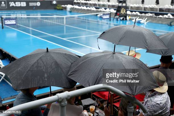 Wet weather postpones play on centre court during day three of the 2023 ASB Classic Women's at the ASB Tennis Arena on January 04, 2023 in Auckland,...