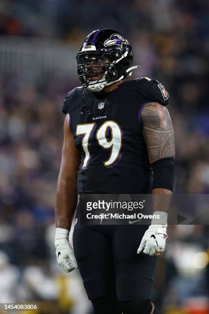 Ronnie Stanley of the Baltimore Ravens looks on during an NFL football game between the Baltimore Ravens and the Pittsburgh Steelers at M&T Bank...