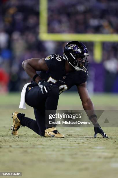 Justin Houston of the Baltimore Ravens lines up during an NFL football game between the Baltimore Ravens and the Pittsburgh Steelers at M&T Bank...