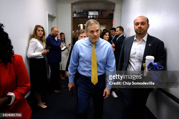Rep. Jim Jordan heads for a Republican caucus meeting before the start of the 118th Congress in the basement of the U.S. Capitol Building on January...