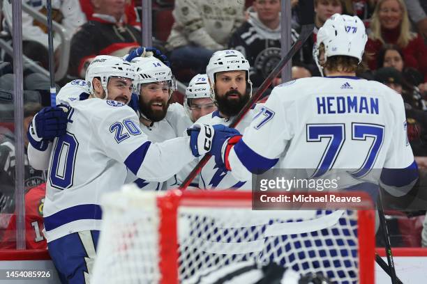 Pat Maroon of the Tampa Bay Lightning celebrates with teammates after scoring a goal against the Chicago Blackhawks during the first period at United...