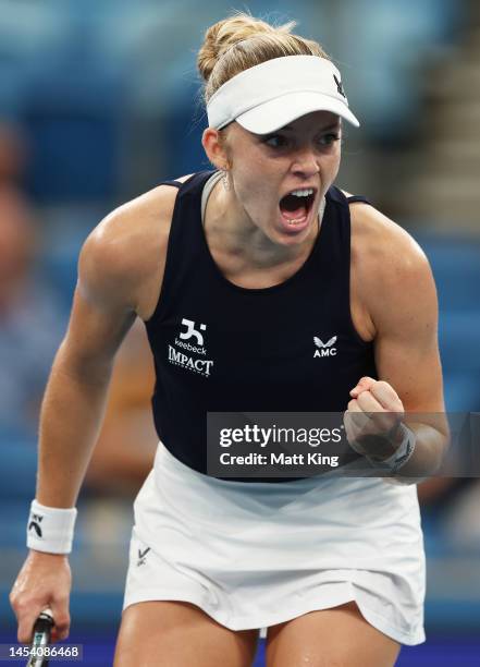 Katie Swan of Great Britain celebrates winning a point in her City Final match against Madison Keys of the United States during day seven of the 2023...