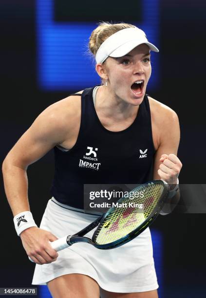 Katie Swan of Great Britain celebrates winning a point in her City Final match against Madison Keys of the United States during day seven of the 2023...