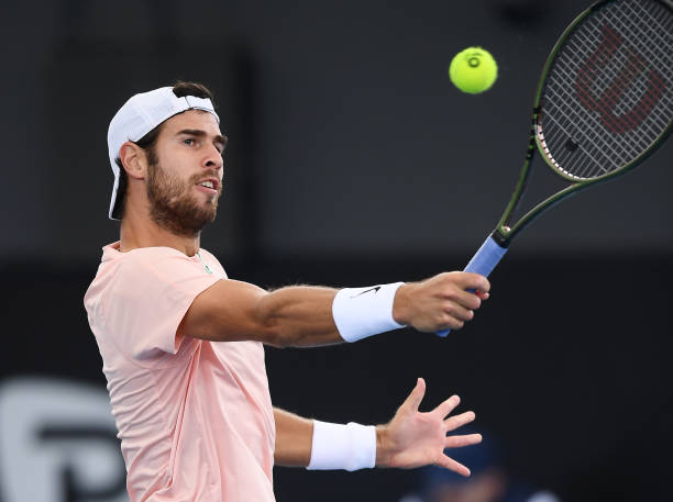 Karen Khachanov hits a backhand against Jack Draper of Great Britain during day four of the 2023 Adelaide International at Memorial Drive on January...
