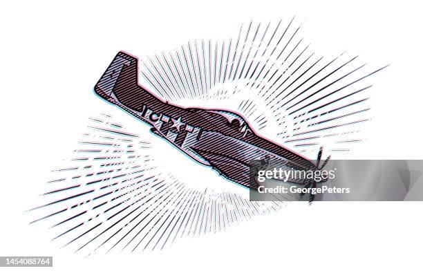 p-51 mustang fighter plane with glitch technique - reenactment stock illustrations