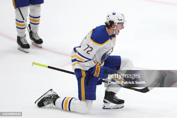 Tage Thompson of the Buffalo Sabres celebrates after scoring the game-winning goal against the Washington Capitals during overtime at Capital One...