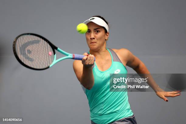Danka Kovinic of Montenegro plays a forehand during her singles match against Nao Hibino of Japan during day three of the 2023 ASB Classic Women's at...