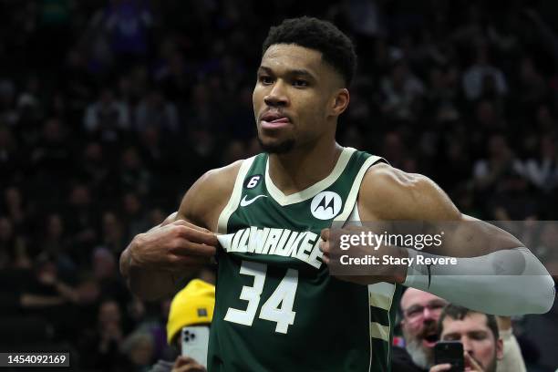 Giannis Antetokounmpo of the Milwaukee Bucks reacts to a score during the second half of a game against the Washington Wizards at Fiserv Forum on...