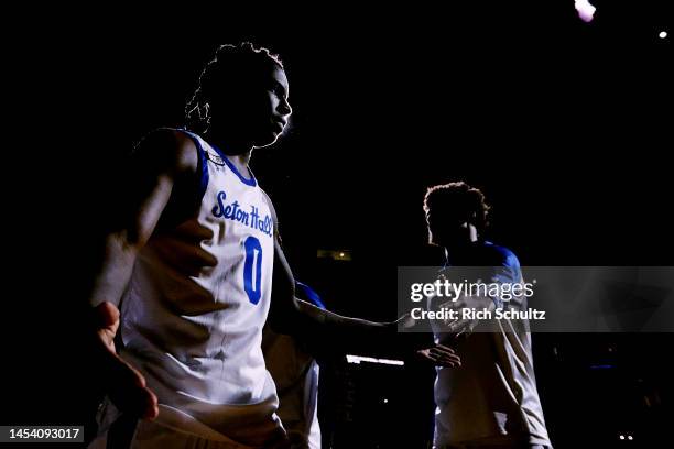 Kadary Richmond of the Seton Hall Pirates is introduced before a game against the St. John's Red Storm at Prudential Center on December 31, 2022 in...