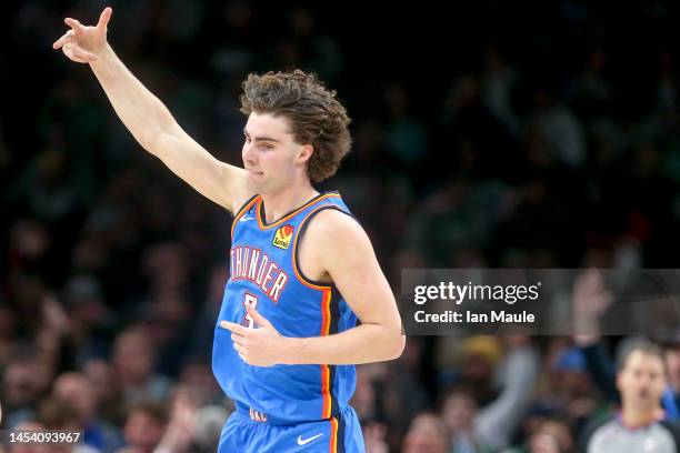 Josh Giddey of the Oklahoma City Thunder celebrates after making a three point basket during the third quarter against the Boston Celtics at Paycom...