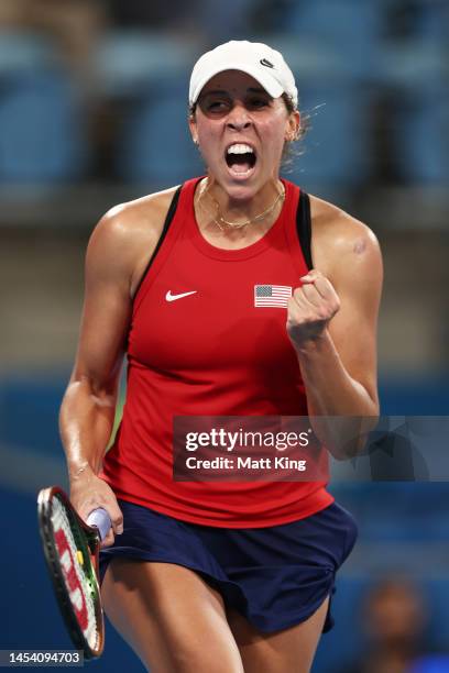 Madison Keys of the United States celebrates winning match point in her City Final match against Katie Swan of Great Britain during day seven of the...