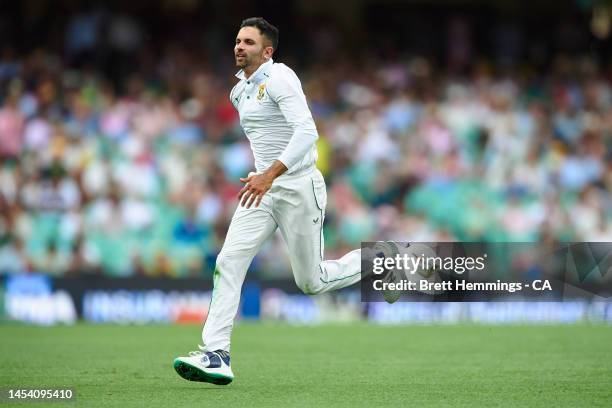 Keshav Maharaj of South Africa fields the ball during day one of the Third Test match in the series between Australia and South Africa at Sydney...