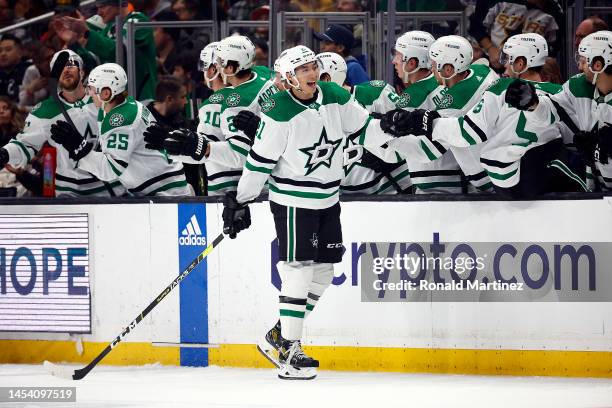 Jason Robertson of the Dallas Stars celebrates a goal against the Los Angeles Kings in the second period at Crypto.com Arena on January 03, 2023 in...