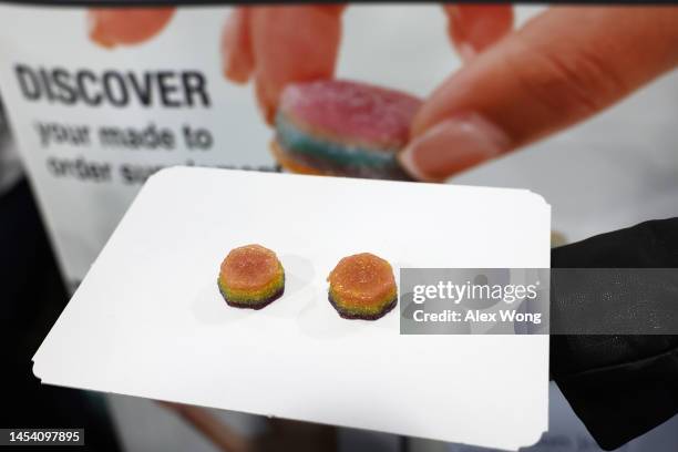 Printout of skin nutrient gummies SkinStacks, powered by Neutrogena Skin 360 technology, on display during a press event at CES 2023 at the Mandalay...
