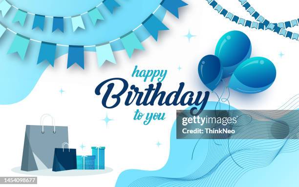 happy birthday congratulations banner design with confetti, balloons and glossy glitter ribbon for party holiday background. - birthday candles stock illustrations