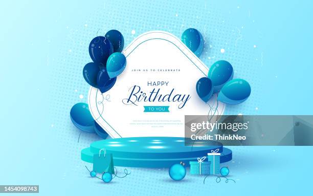 blauer farbhintergrund mit podium für geburtstagsfeier - happy birthday banner stock-grafiken, -clipart, -cartoons und -symbole