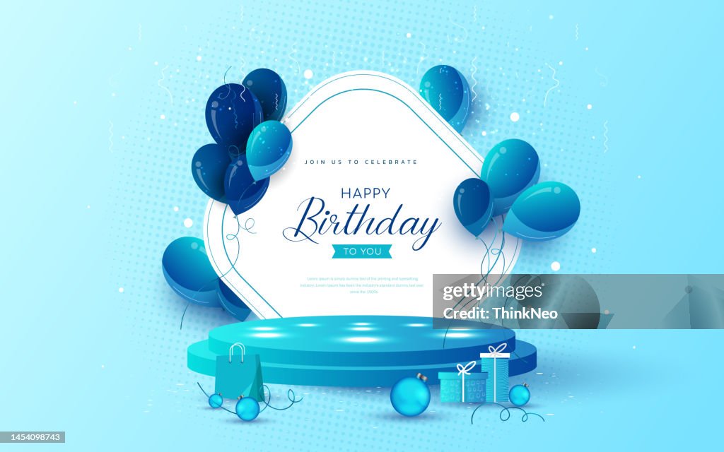 Fondo de color azul con podio para la celebración del cumpleaños