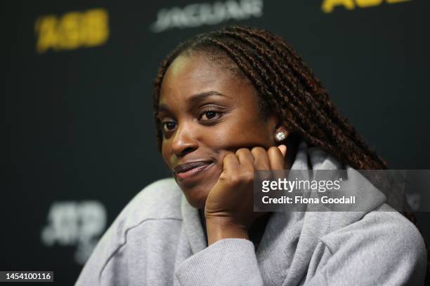 Sloane Stephens of USA speaks to media after her defeat to Rebeka Masarova of Spain during day three of the 2023 ASB Classic Women's at the ASB...