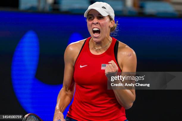 Madison Keys of the United States celebrates winning match point in her City Final match against Katie Swan of Great Britain during day seven of the...