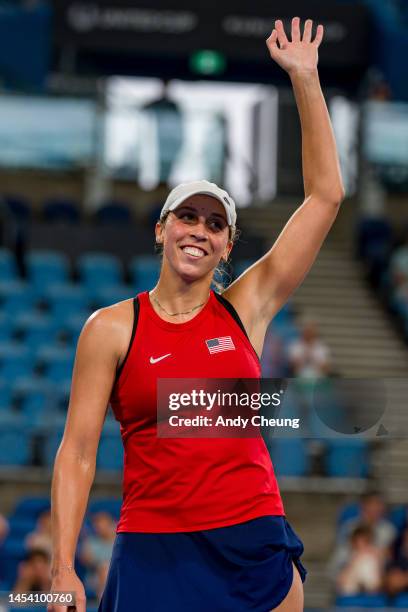 Madison Keys of the United States celebrates winning match point in her City Final match against Katie Swan of Great Britain during day seven of the...