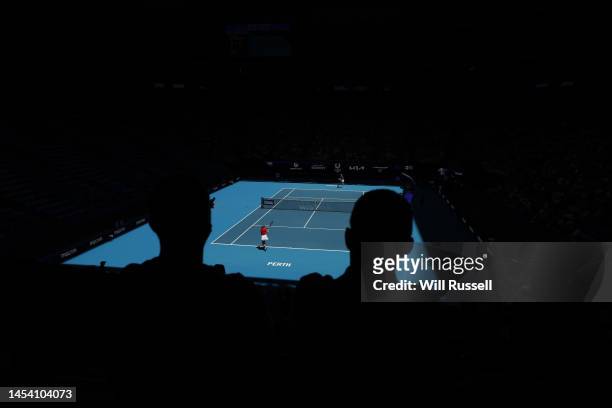 General view of play in the Women's singles match betwen Despina Papamichail of Greece and Donna Vekic of Croatia during day seven of the 2023 United...