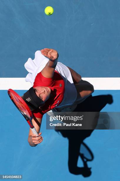 Donna Vekic of Croatia serves in the Women's singles finals match against Despina Papamichail of Greece during day seven of the 2023 United Cup at...