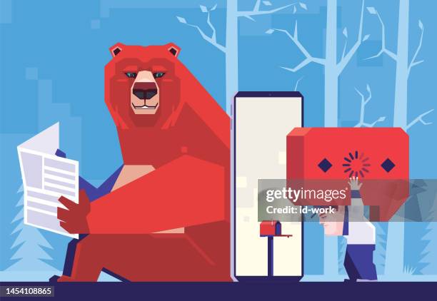courier carrying speech bubble on smartphone beside bear - slow internet loading stock illustrations