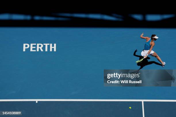 Despina Papamichail of Greece plays a back hand in the Women's singles match against Donna Vekic of Croatia during day seven of the 2023 United Cup...