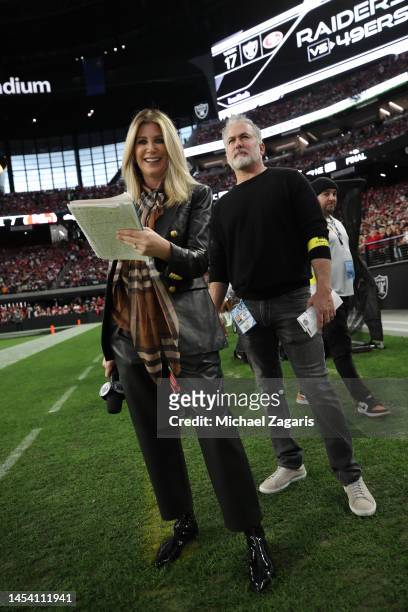 Laura Okmin of Fox Sports on the sideline during the game between the San Francisco 49ers and the Las Vegas Raiders at Allegiant Stadium on January...