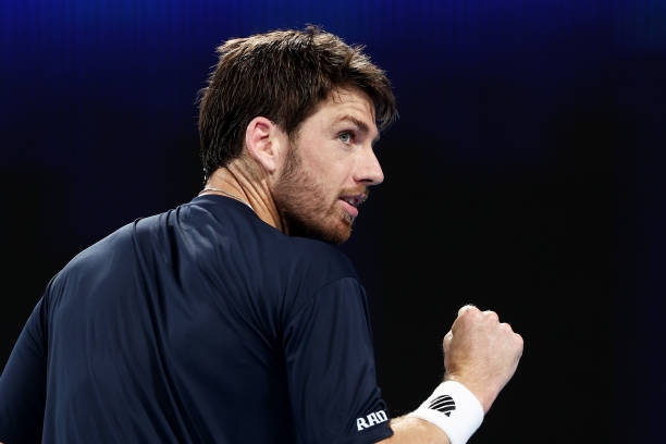 Cameron Norrie of Great Britain celebrates winning a point in his City Final match against Taylor Fritz of the United States during day seven of the...