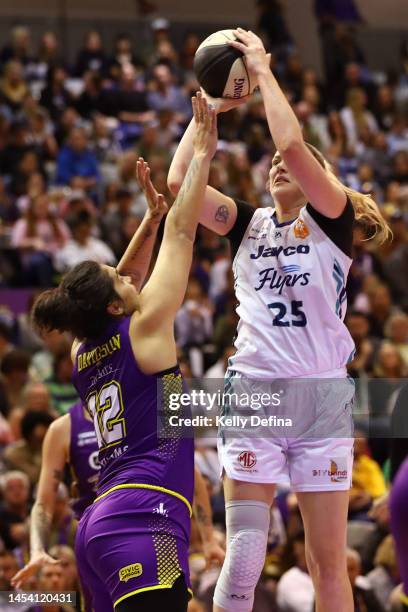 Lauren Jackson of the Flyers shoots during the round nine WNBL match between Melbourne Boomers and Southside Flyers at Melbourne Sports Stadium, on...