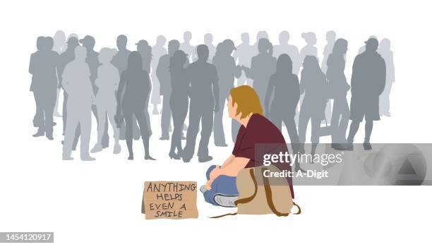 obdachloser mann in einer menschenmenge - obdachlosigkeit stock-grafiken, -clipart, -cartoons und -symbole