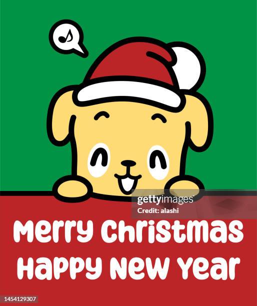 a cute dog wearing a santa hat holds a sign and wishes you a merry christmas and a happy new year - seeing eye dog stock illustrations