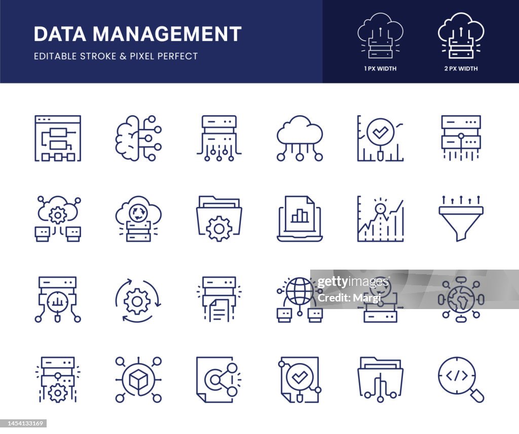 Data Management Line Icons. This icon set consists of Monitoring, Data Source, Cloud Computing, Data Backup, Data Management and so on.