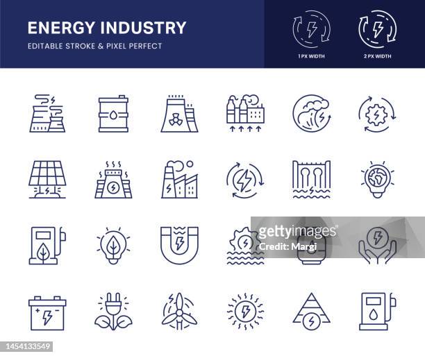 energy industry line icons. this icon set consists of geothermal energy, biomass, solar energy, natural gas, nuclear energy and so on. - dam icon stock illustrations