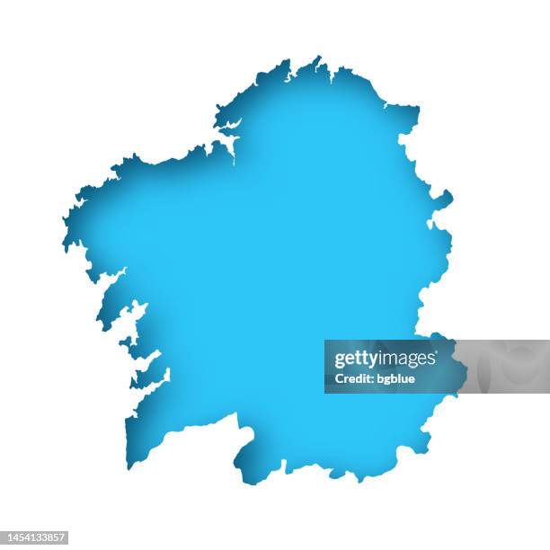 galicia map - white paper cut out on blue background - santiago de compostela stock illustrations