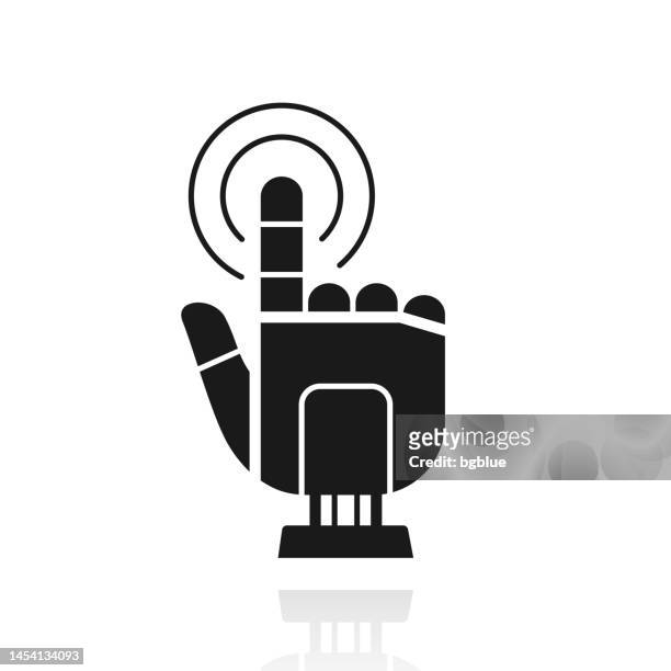 robot hand touch - click. icon with reflection on white background - robot hand human hand stock illustrations