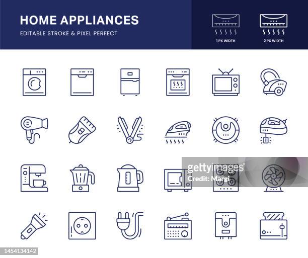 home appliances line icons. this icon set consists of washing machine, dishwasher, refrigerator, stove, television and so on. - fridge line art stock illustrations