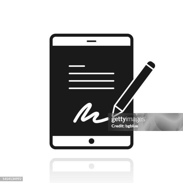 electronic signature on tablet pc. icon with reflection on white background - using ipad white background stock illustrations