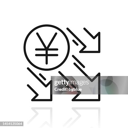 Yen decrease. Icon with reflection on white background Yen decrease. Icon with reflection on white background