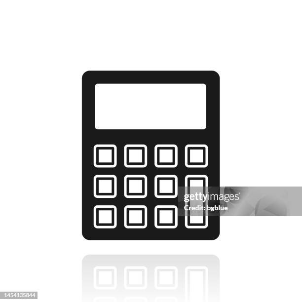 calculator. icon with reflection on white background - black shiny square button stock illustrations