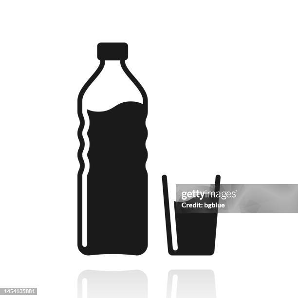 bottle and glass of water. icon with reflection on white background - drinking water icon stock illustrations