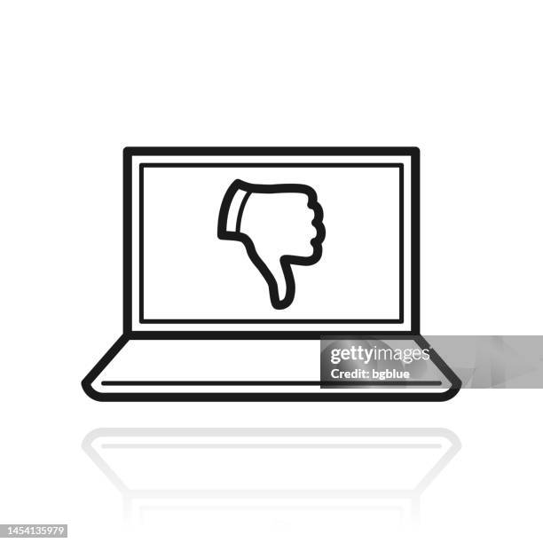 laptop with thumbs down. icon with reflection on white background - laptop error stock illustrations
