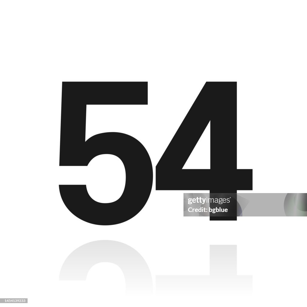 54 - Nummer vierundfünfzig. Symbol mit Reflexion auf weißem Hintergrund