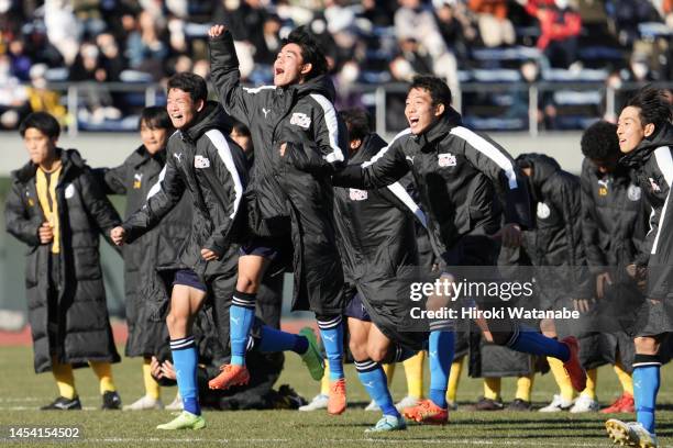 Players of Ozu celebrate the win after the 101st All Japan High School Soccer Tournament quarter final between Maebashi Ikuei and Ozu at Urawa Komaba...